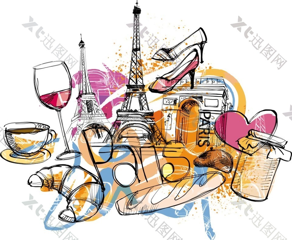 涂鸦法国旅行特色插画