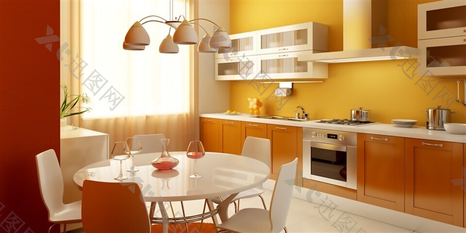 暖色调现代厨房餐厅效果高清图片