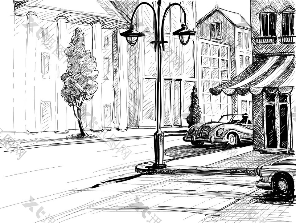 素描城市街角插画