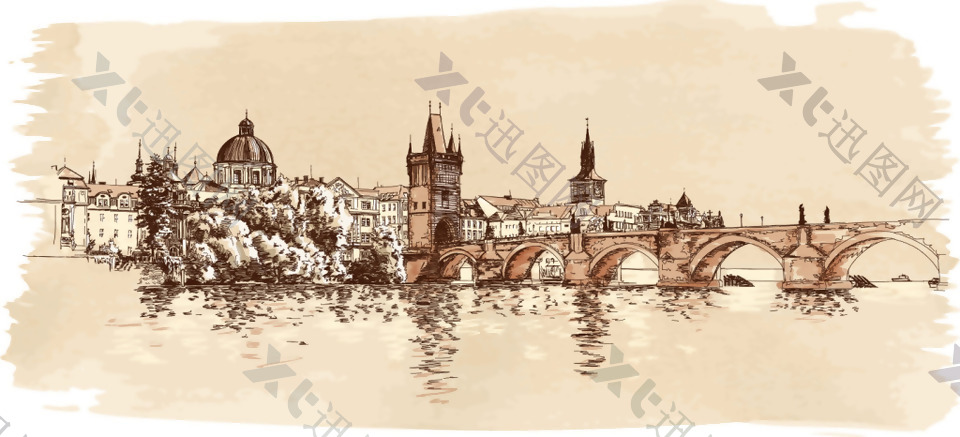 手绘艺术城市大桥建筑插画