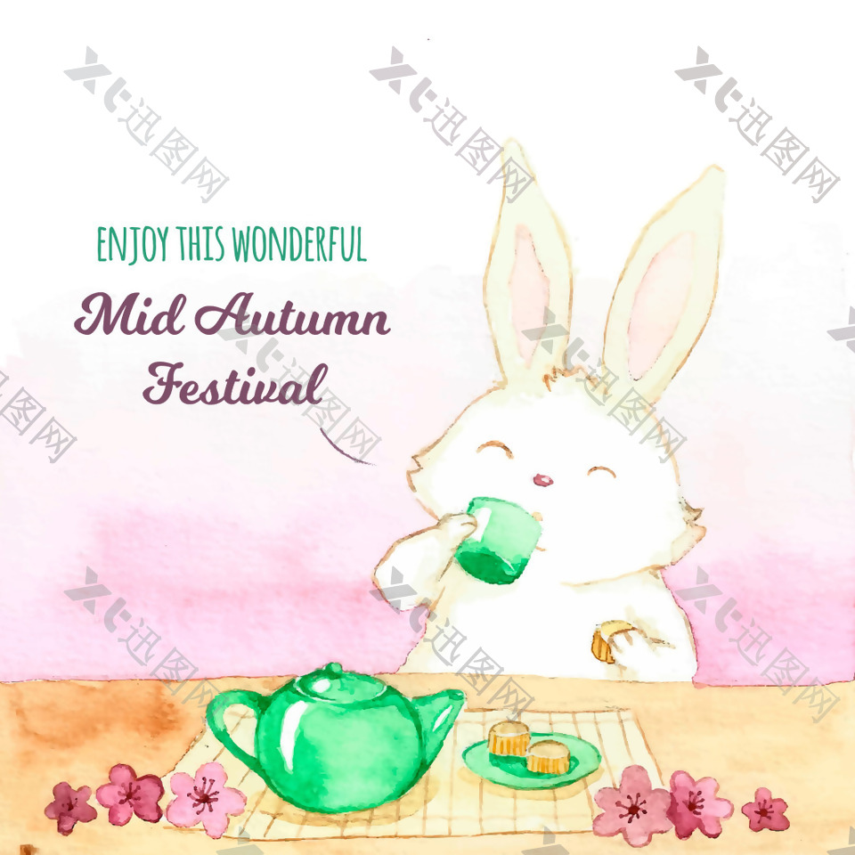 可爱手绘水彩中秋兔子插画