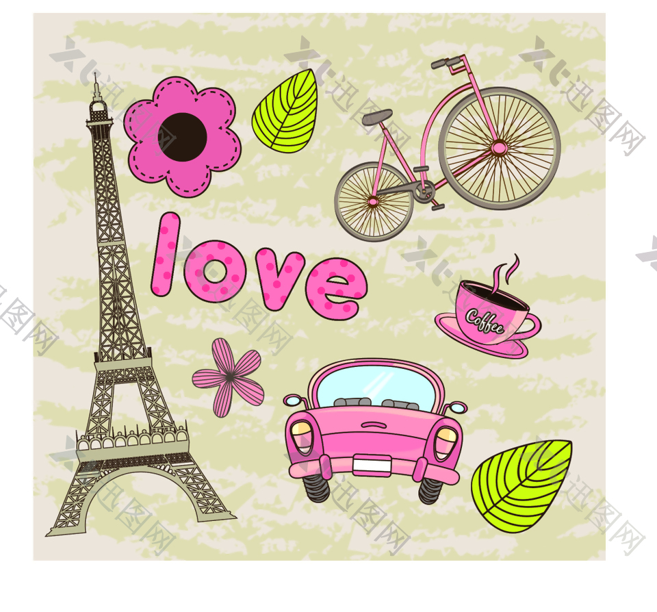 浪漫法国旅行元素插画