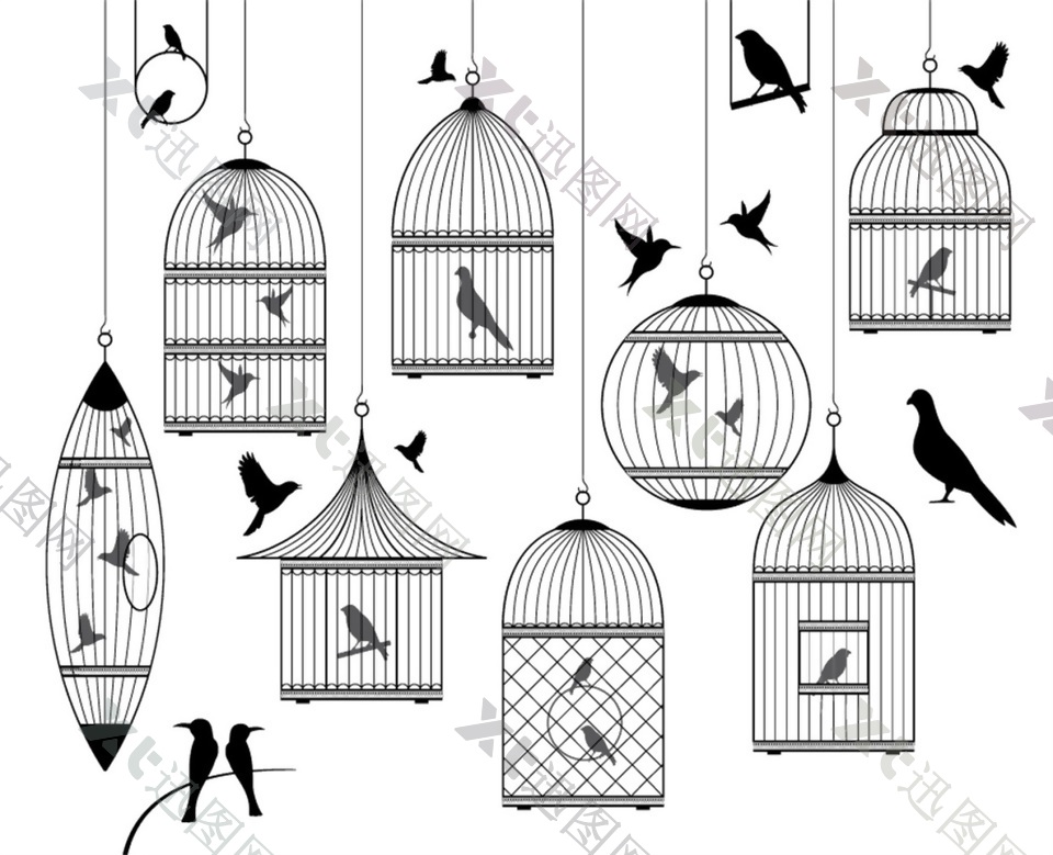 黑白鸟笼和鸟矢量素材