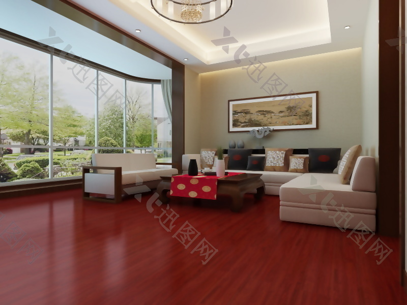 新中式风格卧室地板渲染效果图