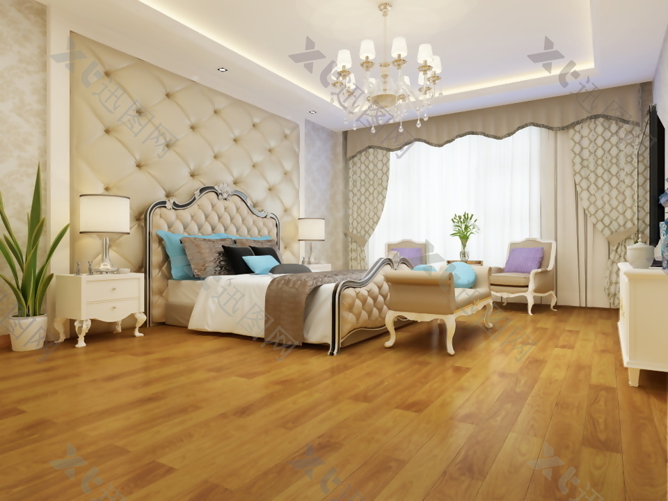 美式风格卧室强化木地板3d渲染图