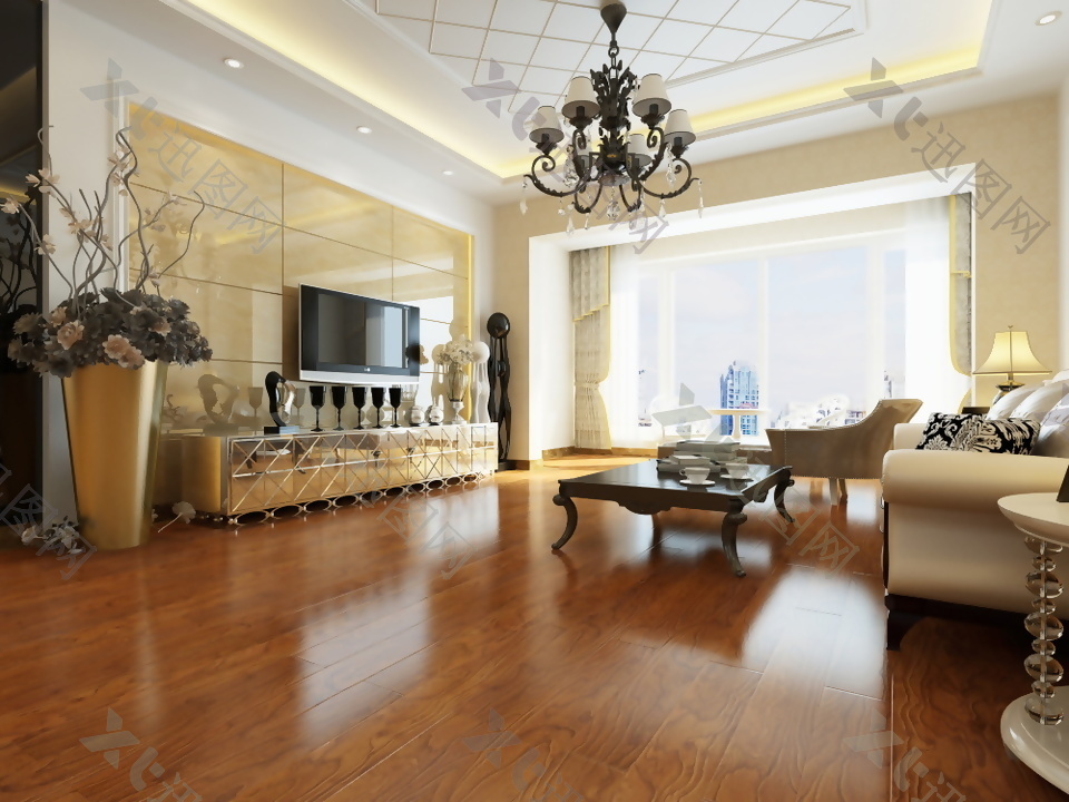 欧式简约风格复合木地板客厅3d渲染图