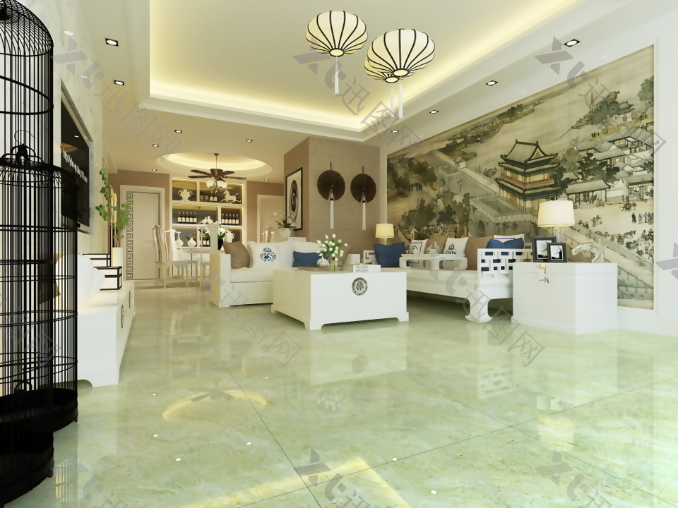 中式客厅釉面砖3d渲染图