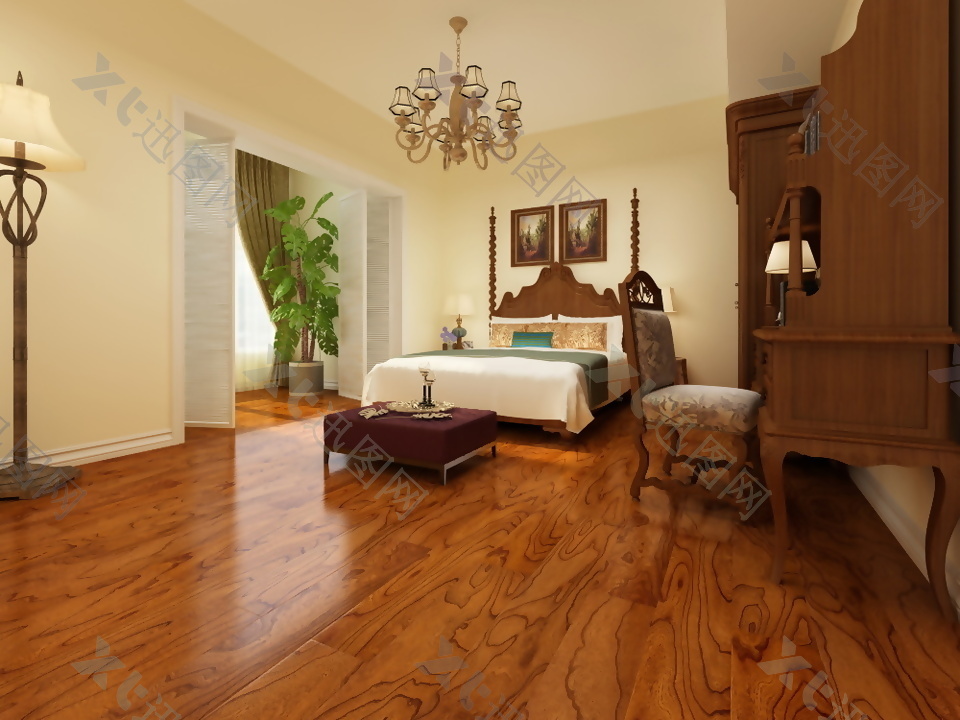 欧式卧室实木地板3D渲染效果图