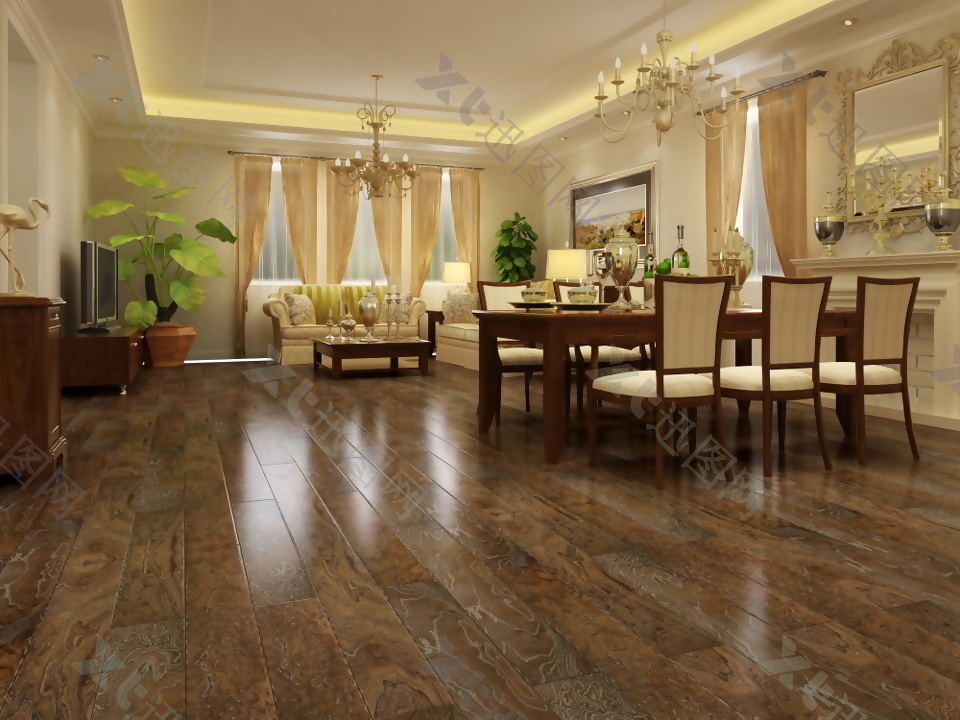 美式客厅实木地板3d渲染图