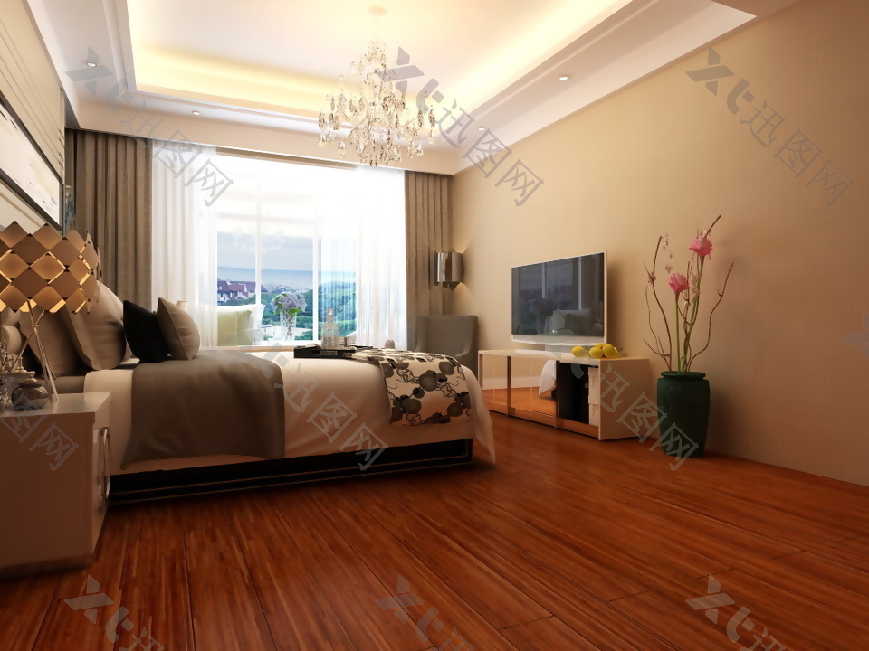 温馨卧室红木地板3d渲染图