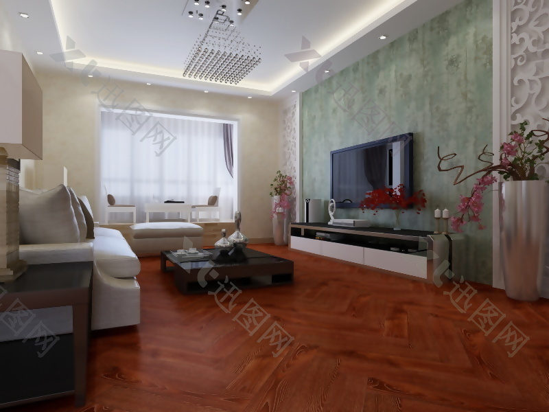 中式卧室实木木地板3d渲染图