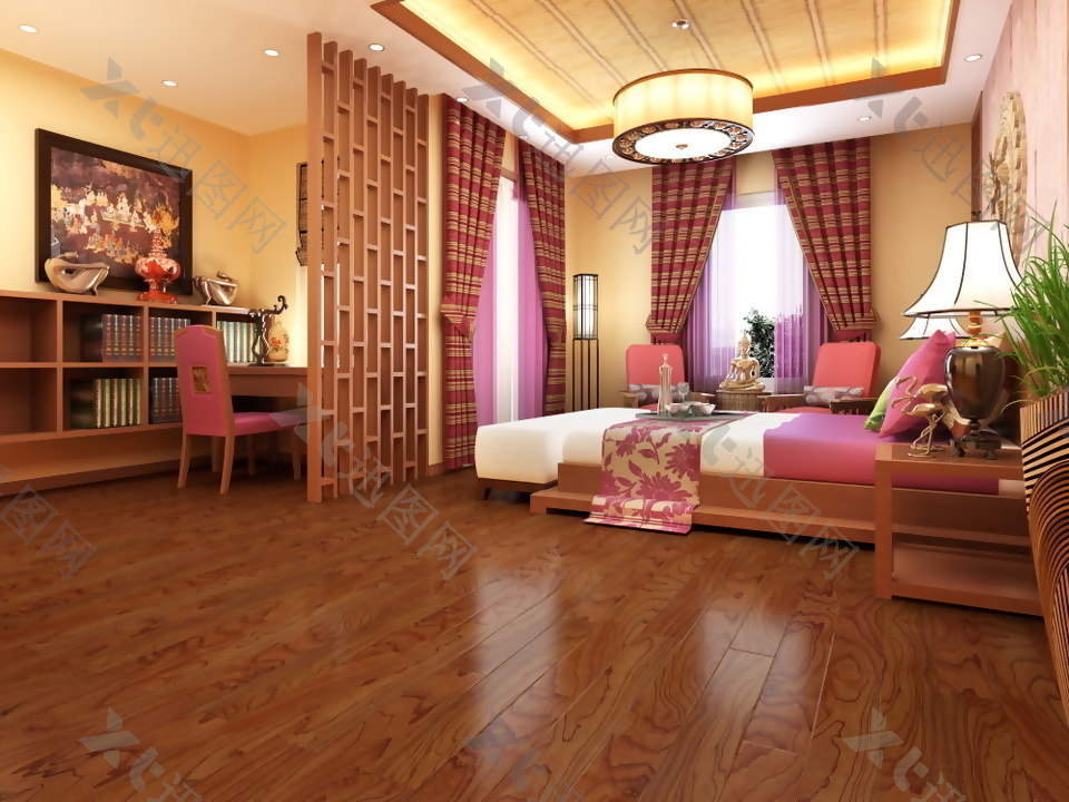 新中式卧室实木地板效果图