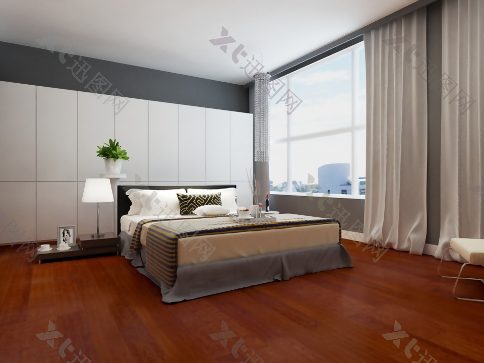 现代卧室实木地板效果图