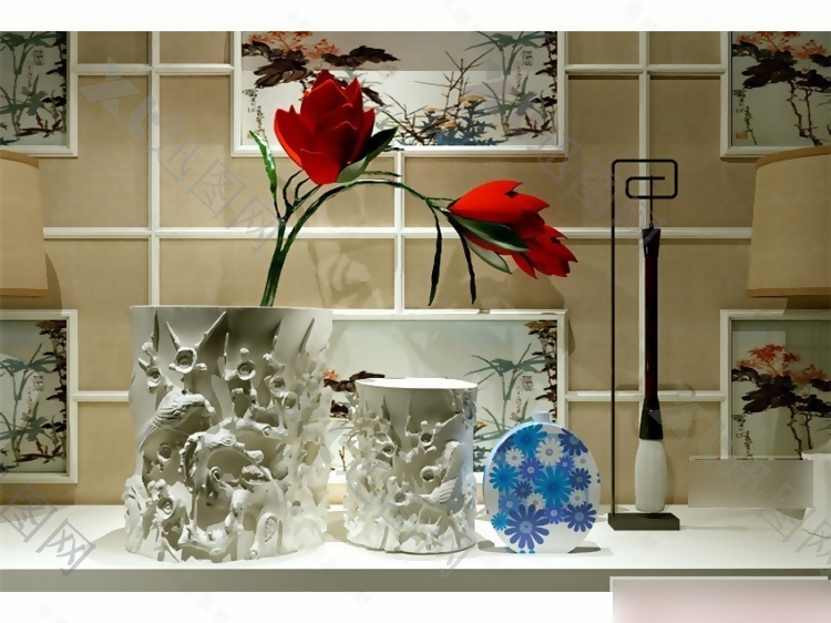 花鸟浮雕花瓶摆设模型素材