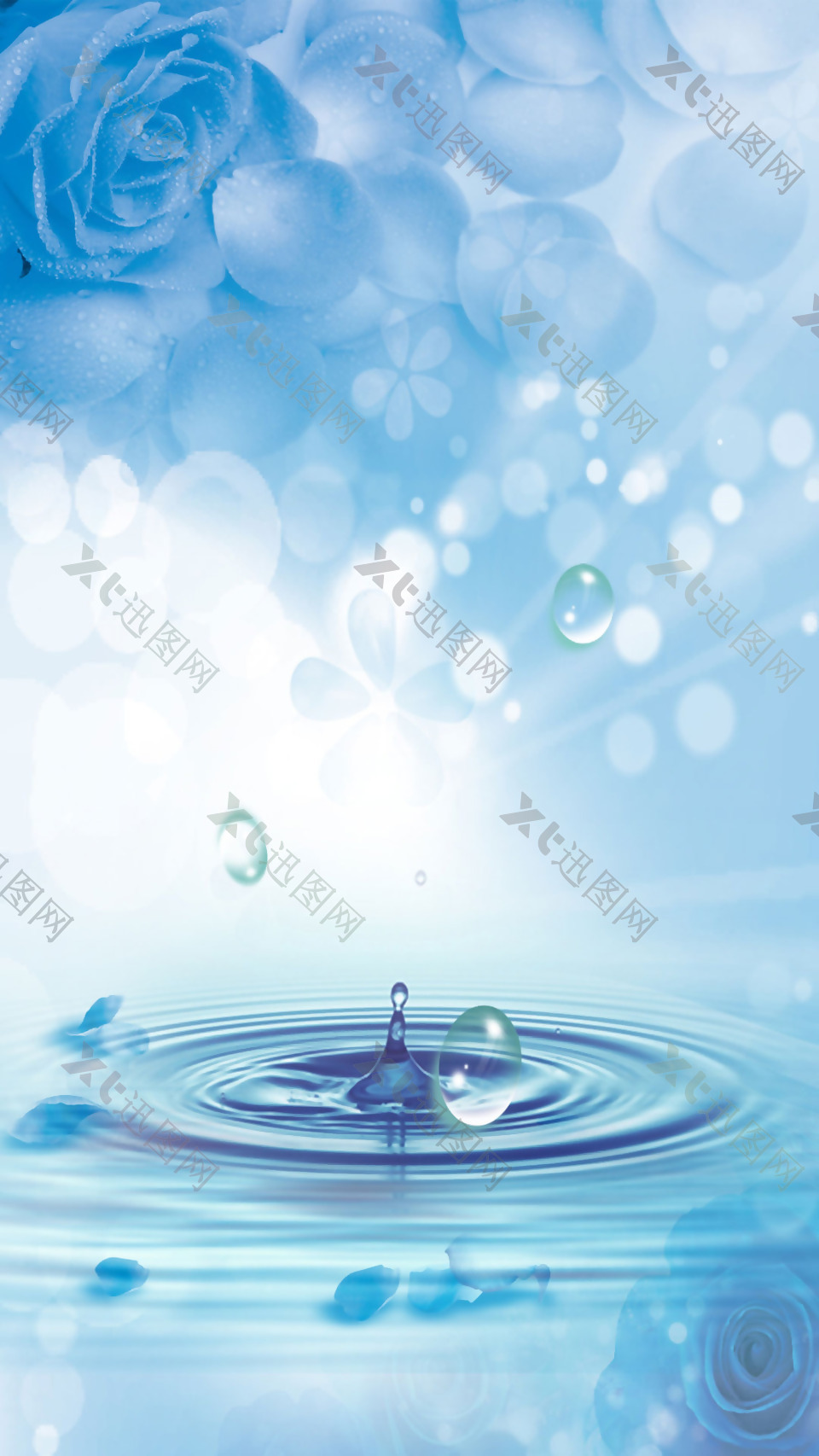 清新水滴蓝色花朵H5背景素材