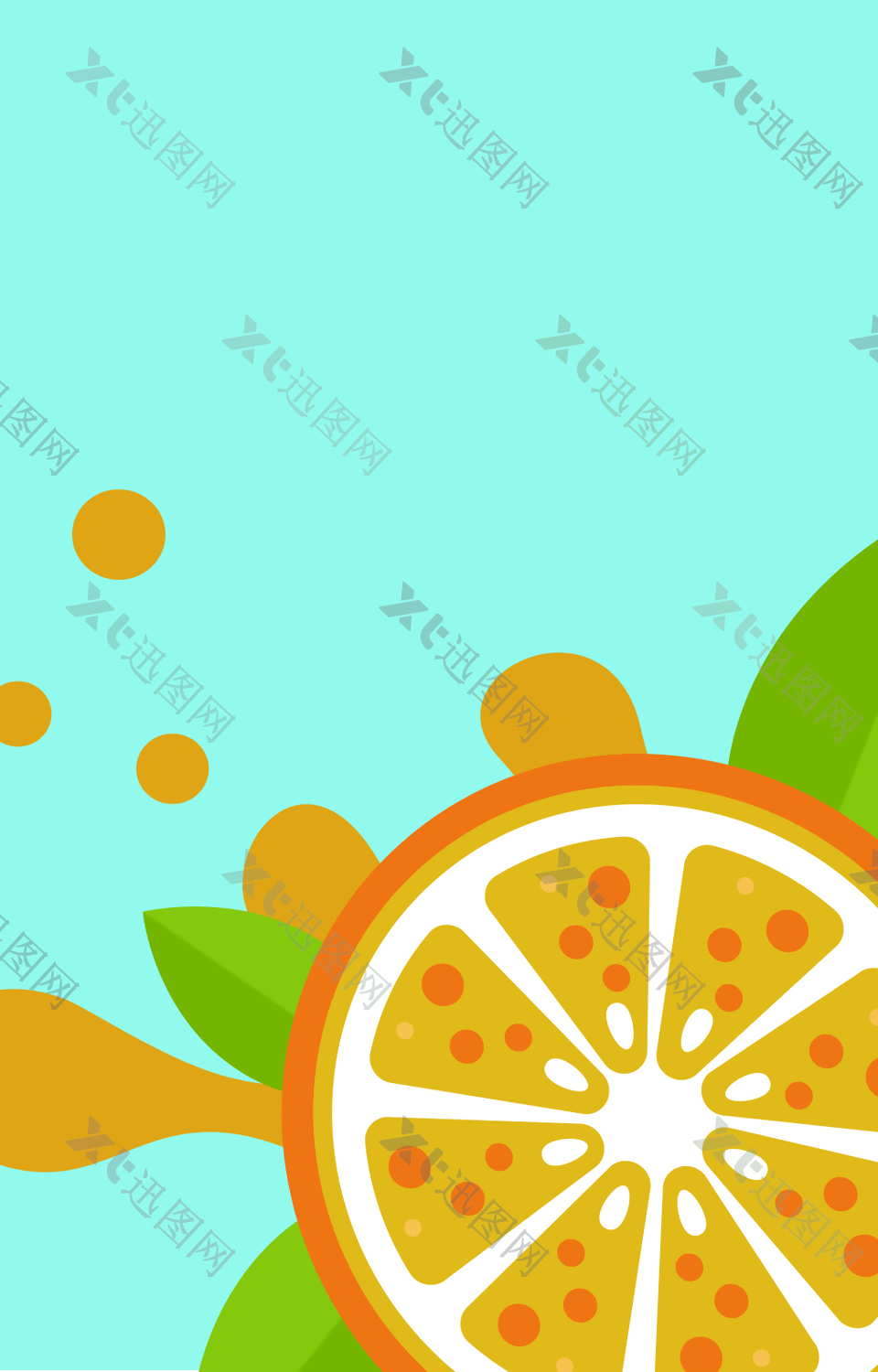 黄色橙子上的绿叶背景素材