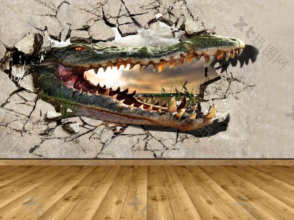 3D凶猛残暴的鳄鱼背景墙