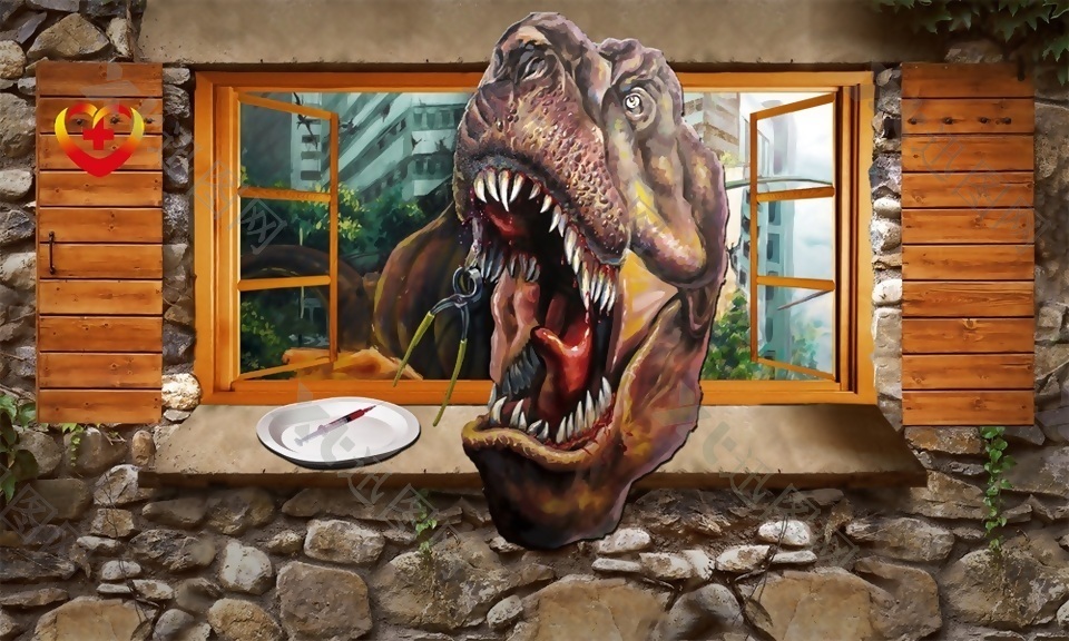 3D动漫恐龙破窗而入背景墙