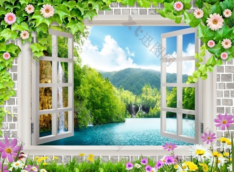 3D窗外自然风景背景墙