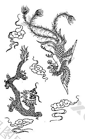 中式吉祥双龙戏珠黑白图