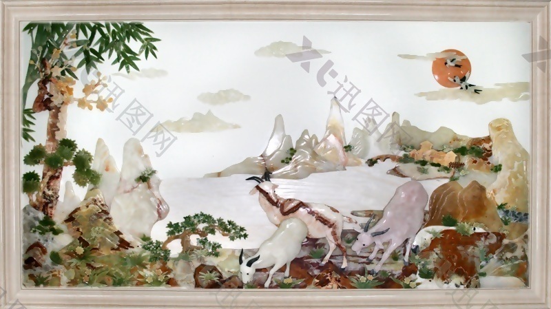 中式手绘山水牧羊图瓷砖背景墙