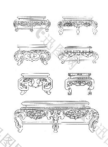 中式花纹圆桌木家具建筑分层图