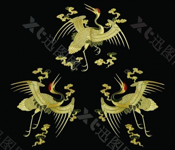 中式元素布纹贴图三只仙鹤