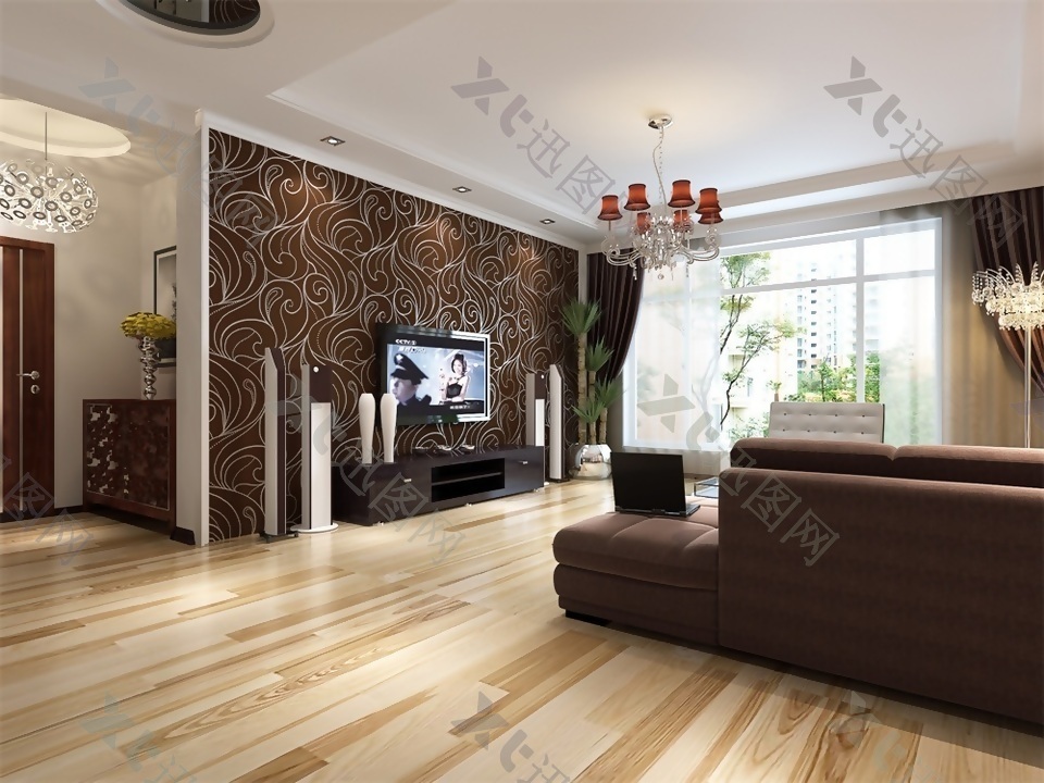 现代简约风格客厅实木木地板3D渲染图