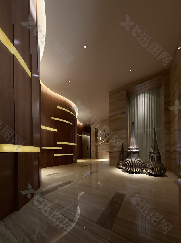 低调风格大型酒店大厅空间模型下载