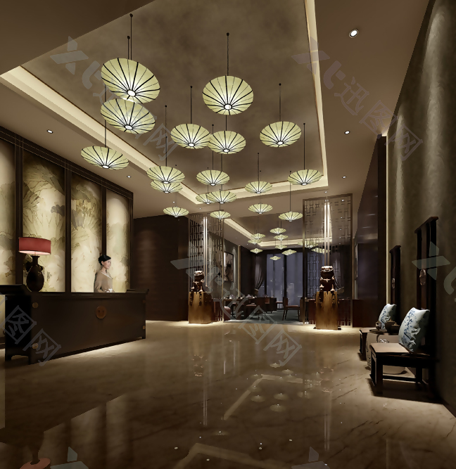 低调风格大型酒店大厅空间模型下载