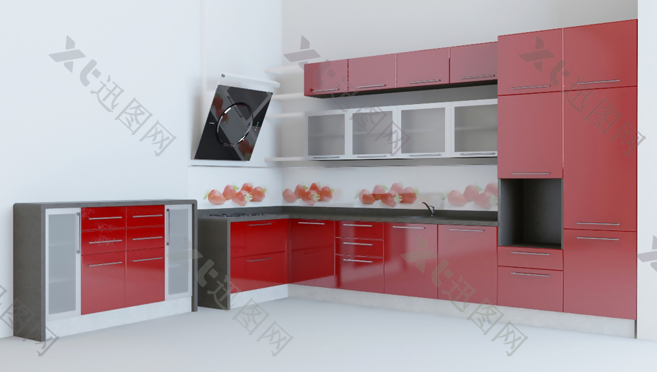红色橱柜油烟机组合3d渲染模型