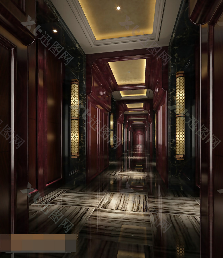 复古风格酒店空间3D模型下载