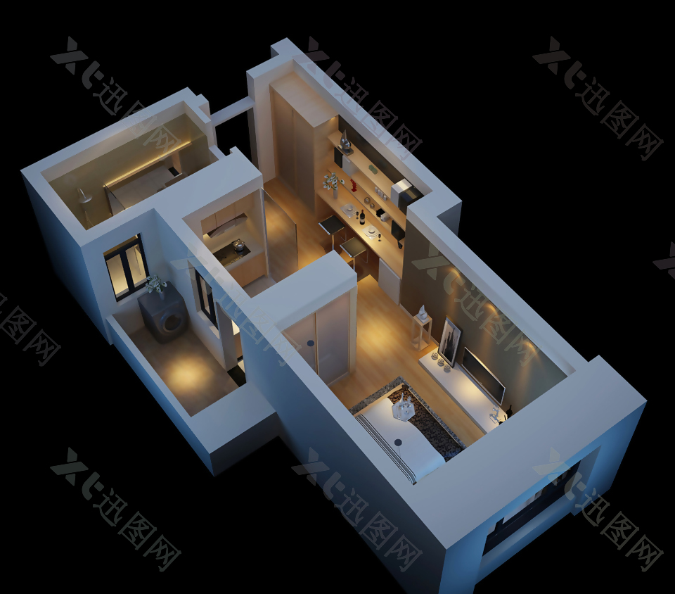 家装三室二厅3D模型效果图