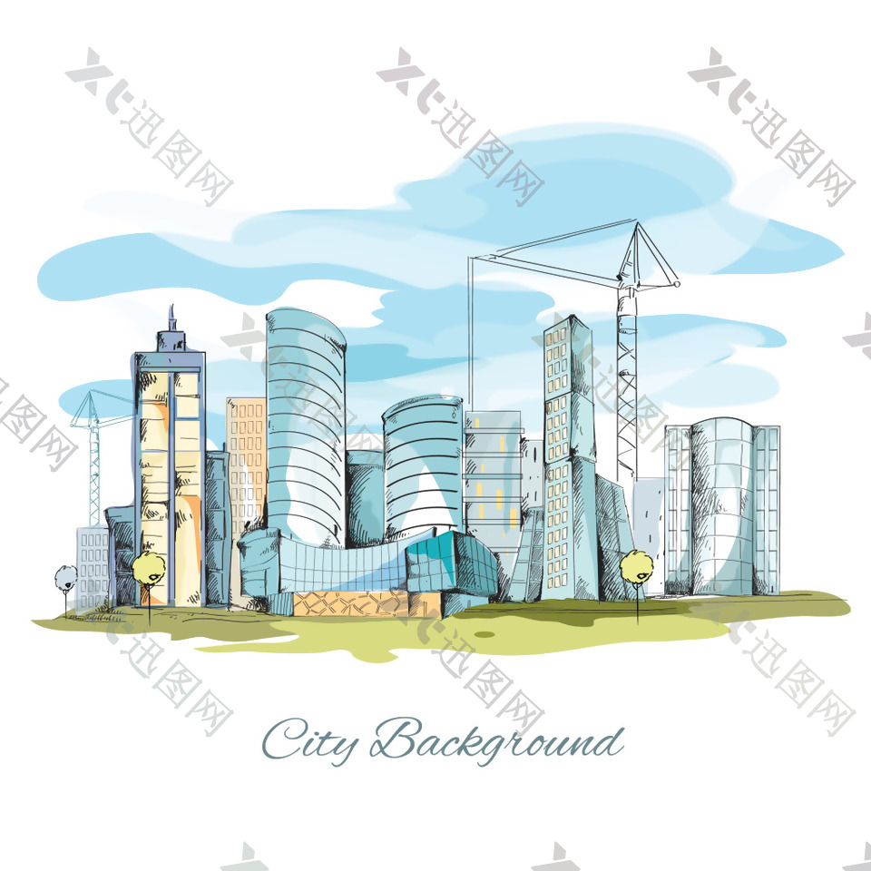 手绘水彩城市建筑插画