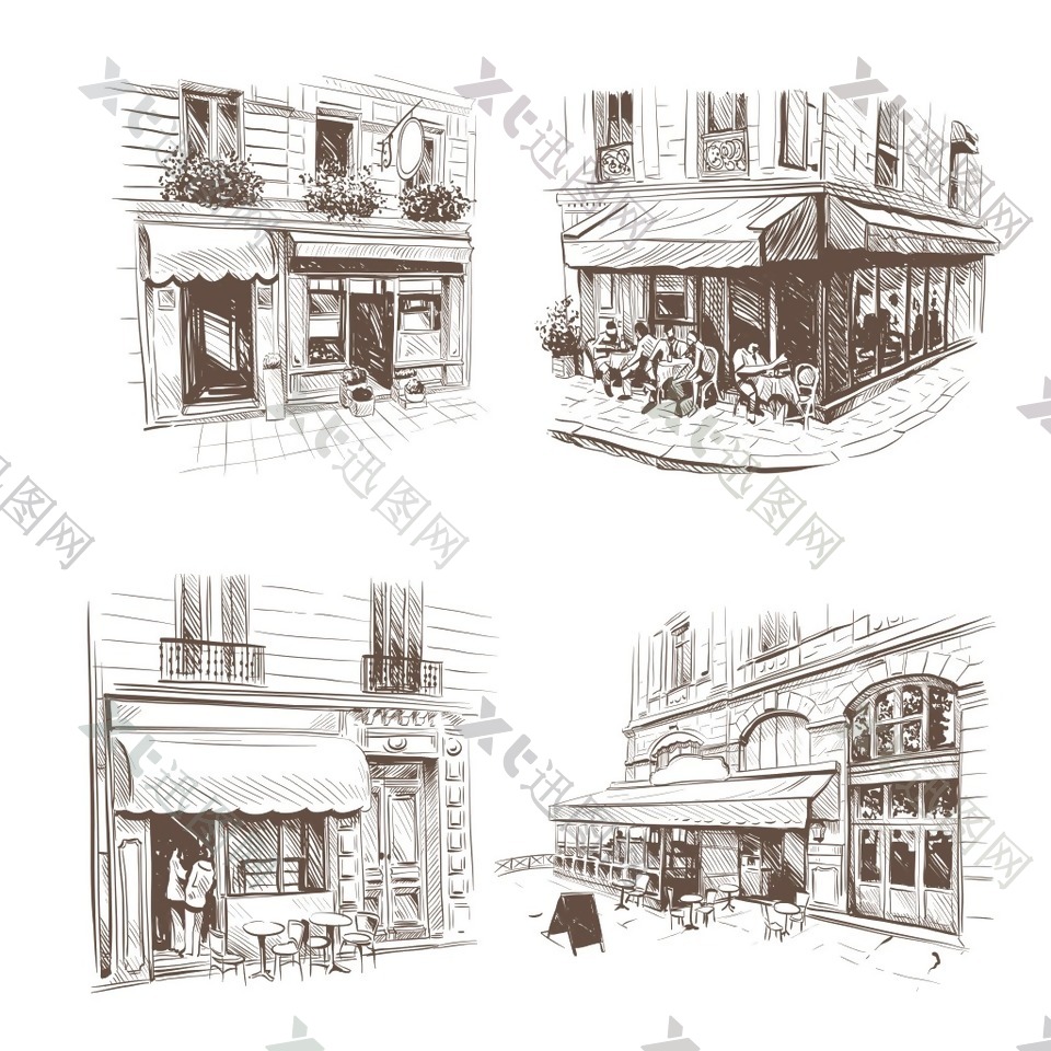 手绘街头咖啡厅建筑插画