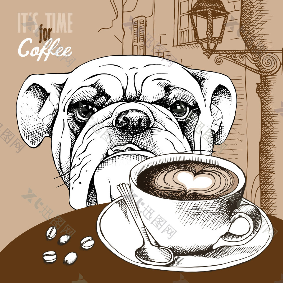 手绘的狗和咖啡插画