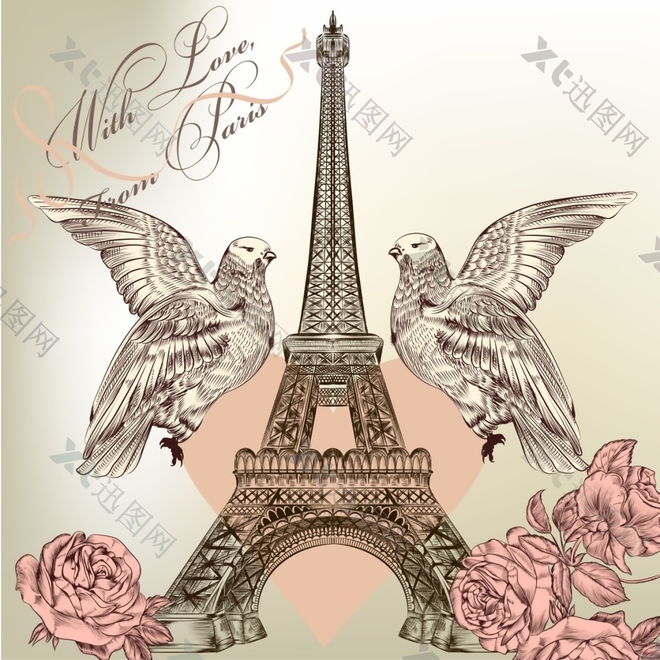 鸽子装饰巴黎铁塔矢量素材