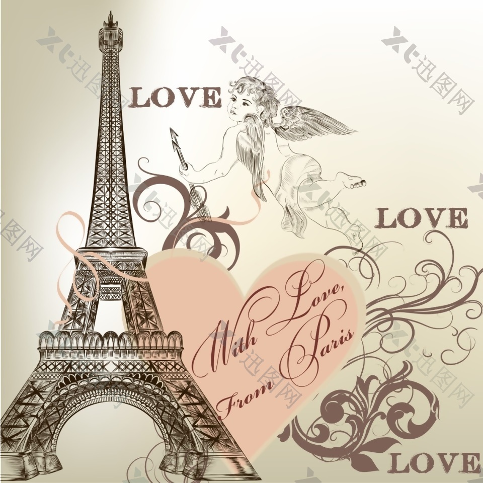爱心巴黎铁塔矢量素材