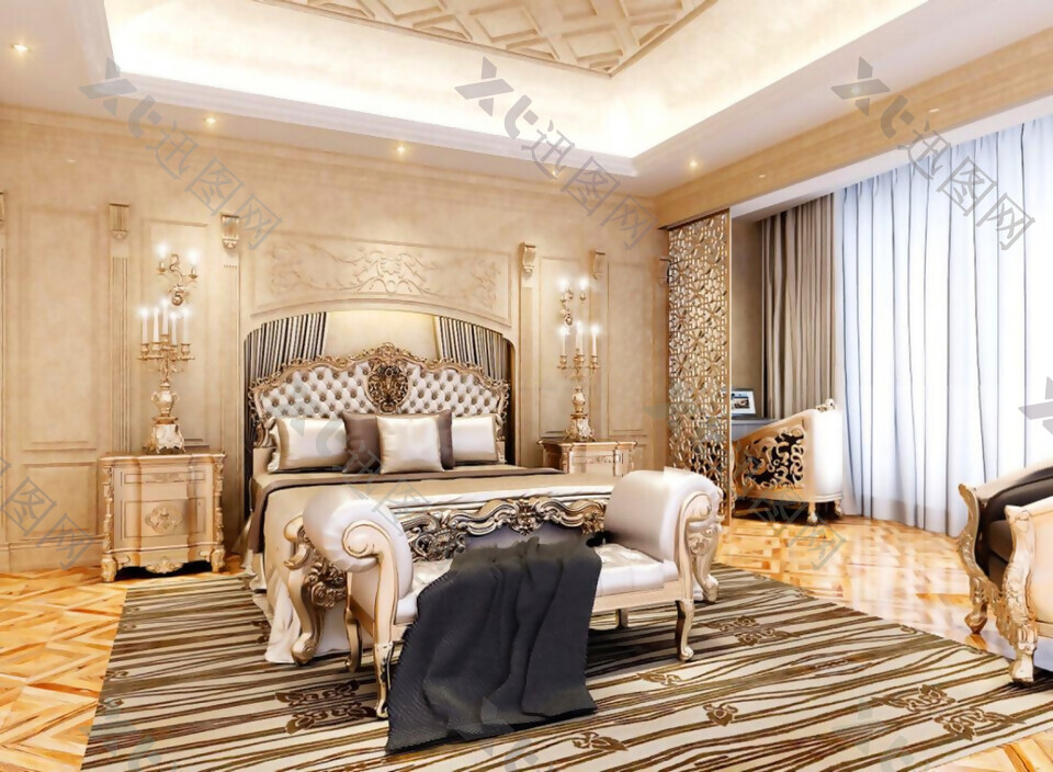 欧式宫廷奢华卧室地毯装修效果图