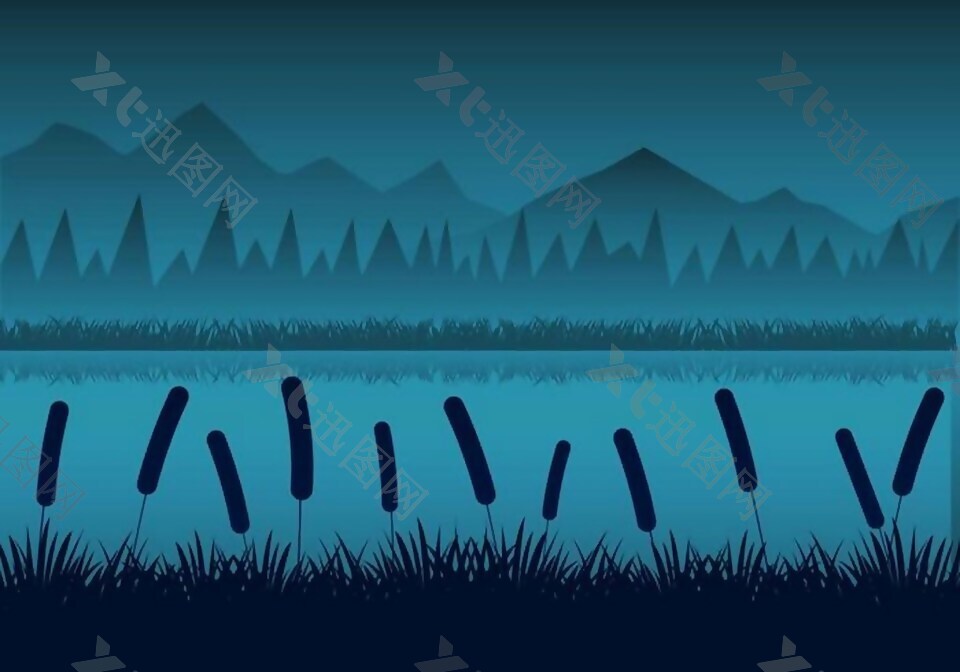 自由之夜河流景观与芦苇的矢量图