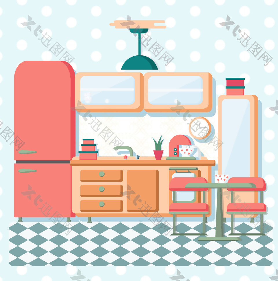 温馨时尚的家居厨房插画