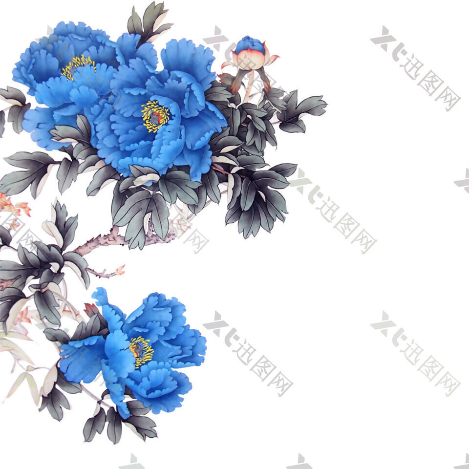 蓝色水彩花卉图案元素