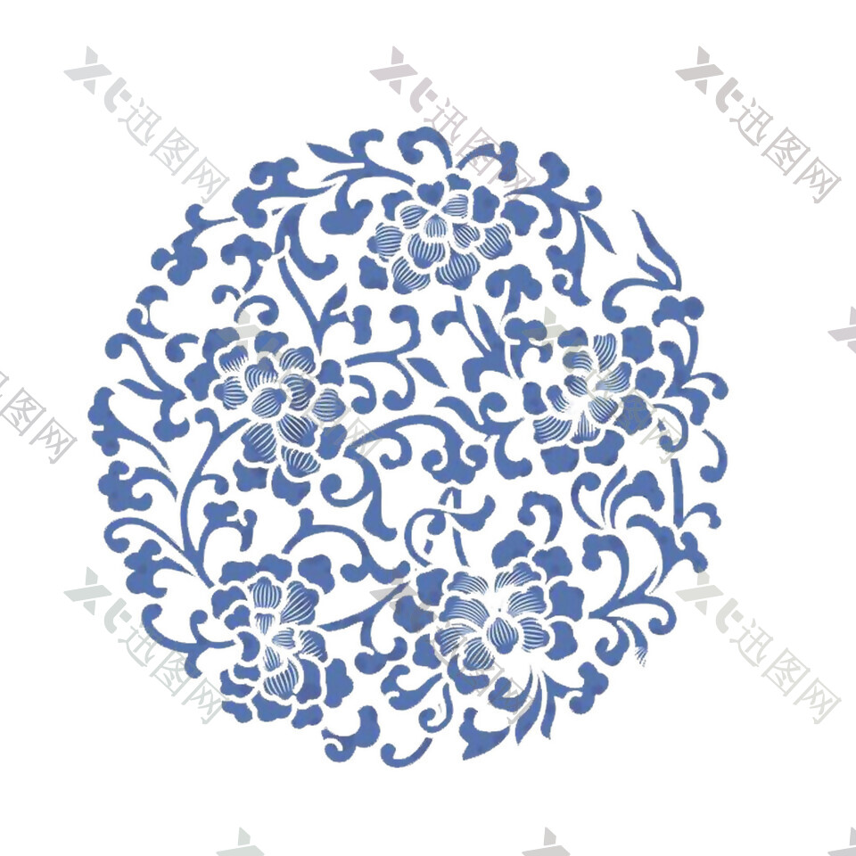 复古风蓝色化瓷花纹图案元素
