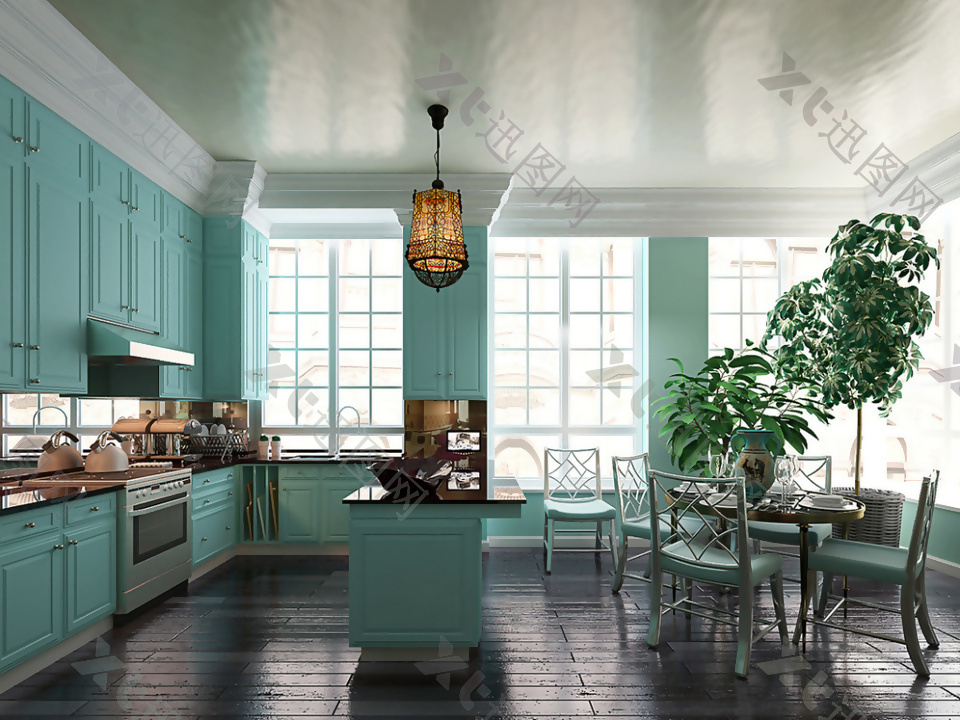 绿色欧式风格厨房餐厅装饰效果图