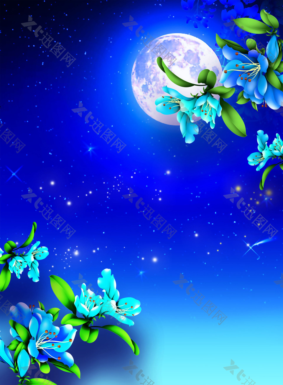 明月夜色繁星花朵背景