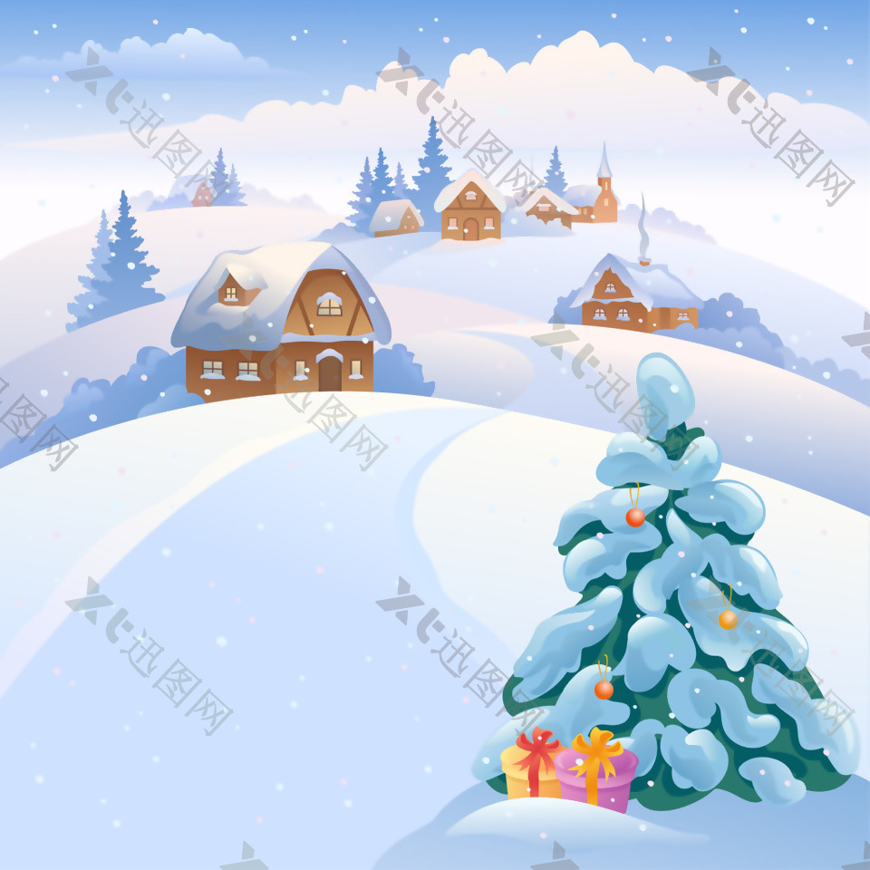 手绘雪地松树房屋背景