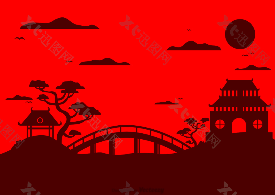 红色中国风建筑背景素材