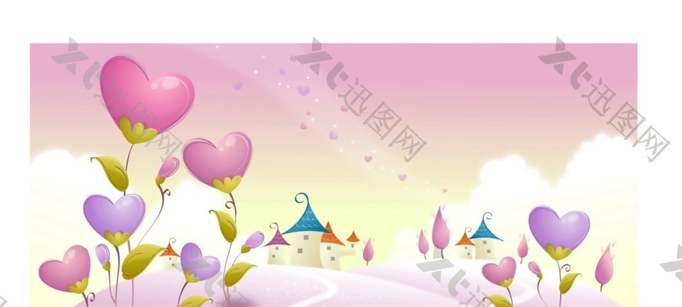 粉色系少女系韩式卡通手绘风景背景矢量组