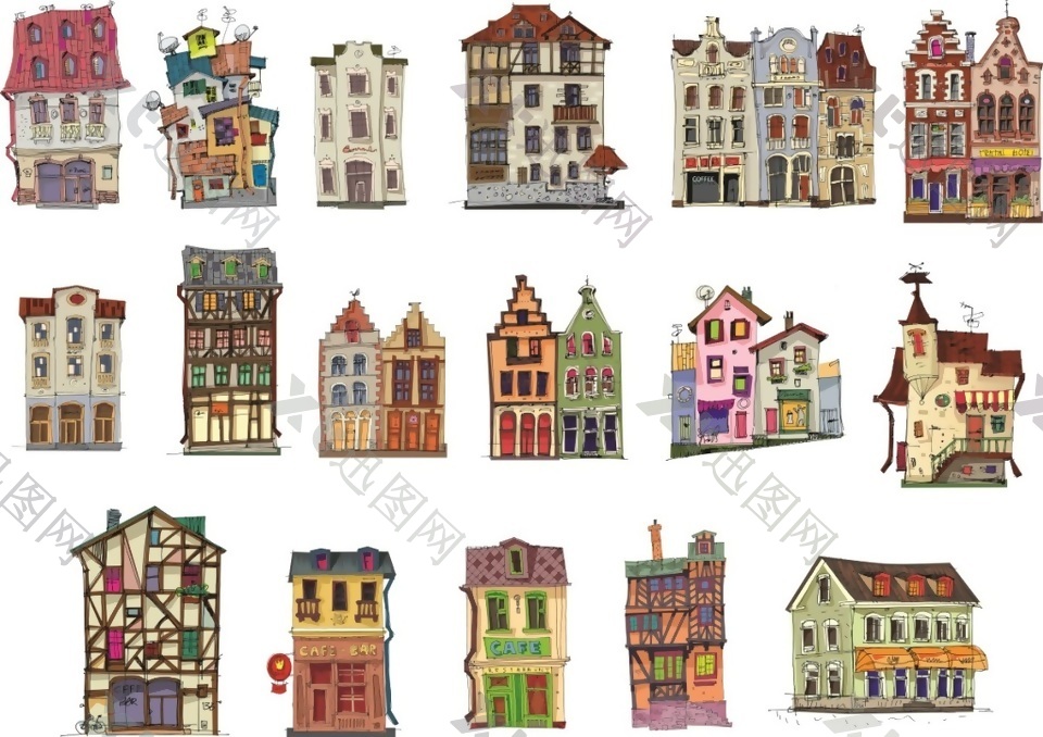 卡通彩色欧式小房子建筑矢量