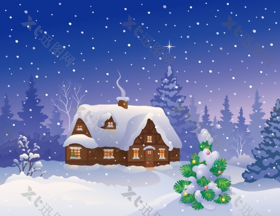 卡通房屋下雪景色素材